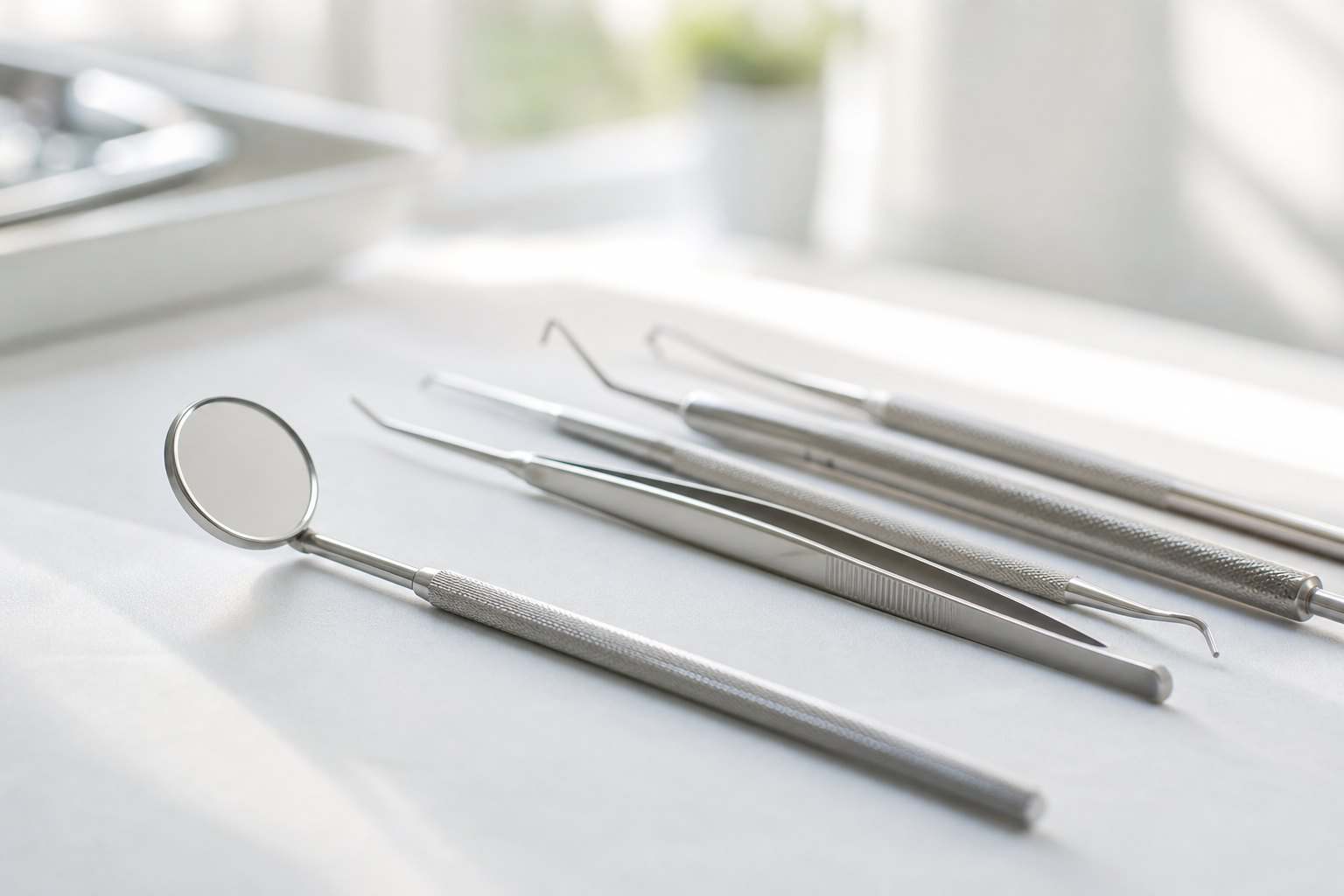 Dental instruments and a small mirror laid out on a white bench